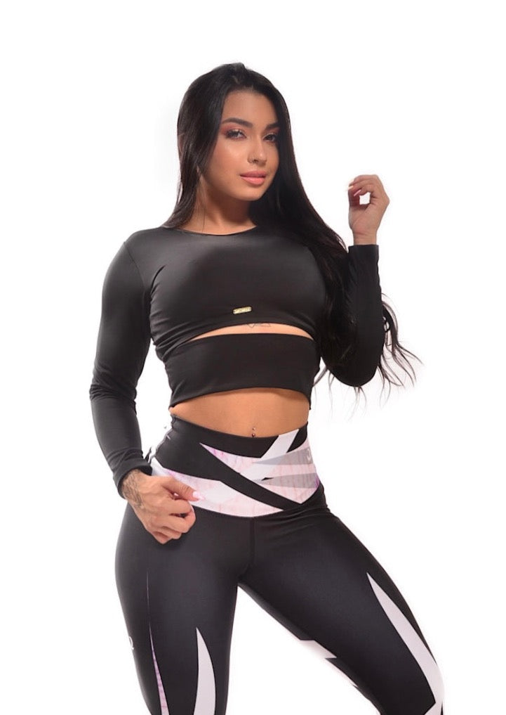 Athletic Long Sleeve Front Cutout Crop Top black
